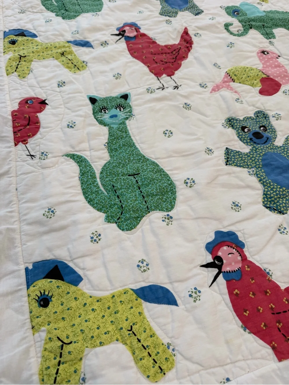 Vintage Whimsical Animal Quilt Throw 56x39” Printed Motif Nursery Folk Art